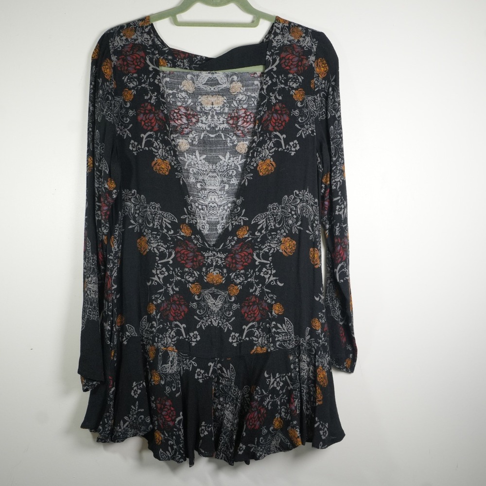Free People Mini Dress Womens Small Black Floral Damask V-Back Ruffle Boho Tunic - Picture 9 of 10